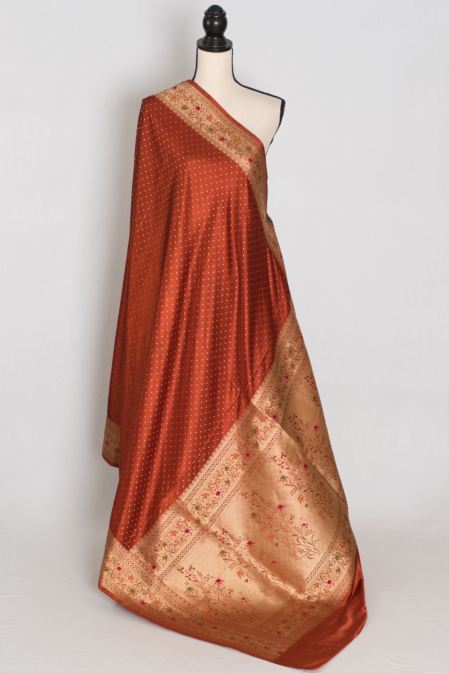 Nina | Rust Orange Semi Mashru Banarasi Saree | Pre-Stitched Size 40 Blouse image 3
