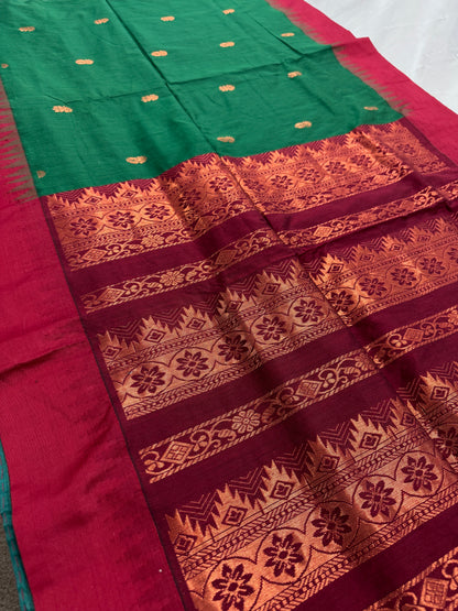 Gayetri: Dark Green Blended Cotton Gadwal Saree with Antique Zari Butis image 0
