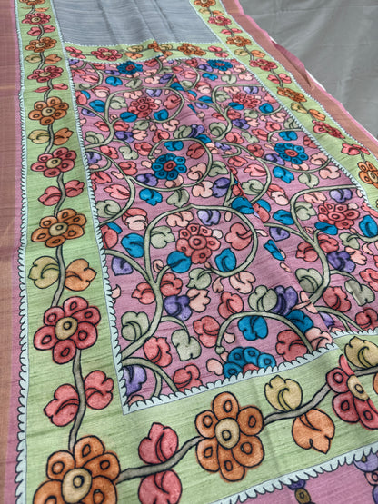 Nisha: Steel Gray & Dusty Pink Semi Tussar Saree | Floral Kalamkari Print image 2