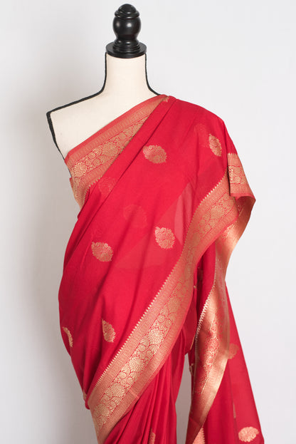 Zareen : Semi Crepe Silk Budget Friendly Banarasi Saree in Red and Gold image 4