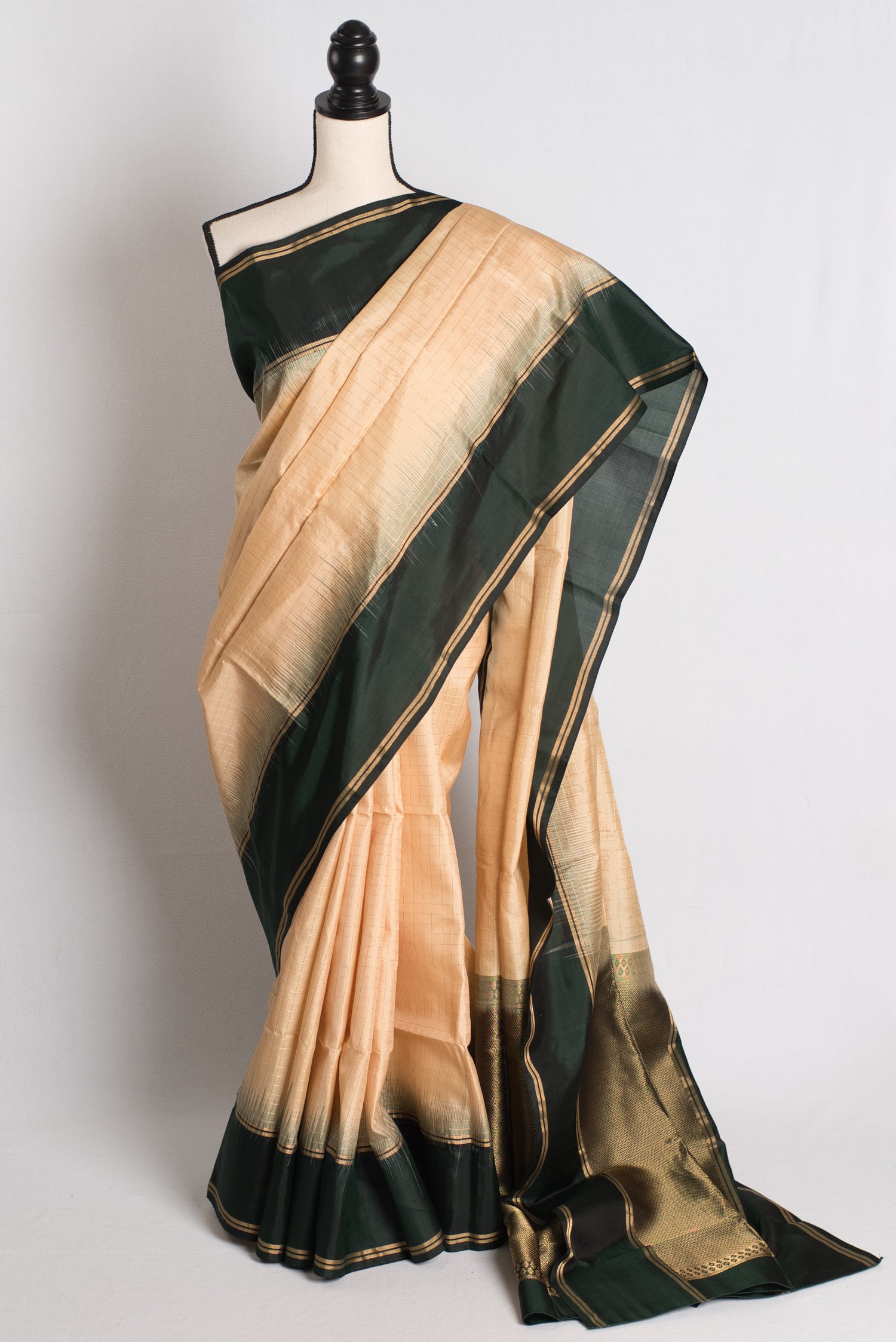 Sandstone Glow : Beige and Green Checks Kanchipuram Saree image 0