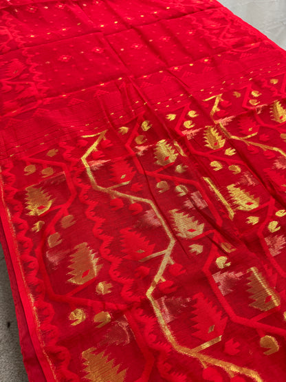 Rupajana : Red Blended Soft Cotton Jamdani Saree image 3