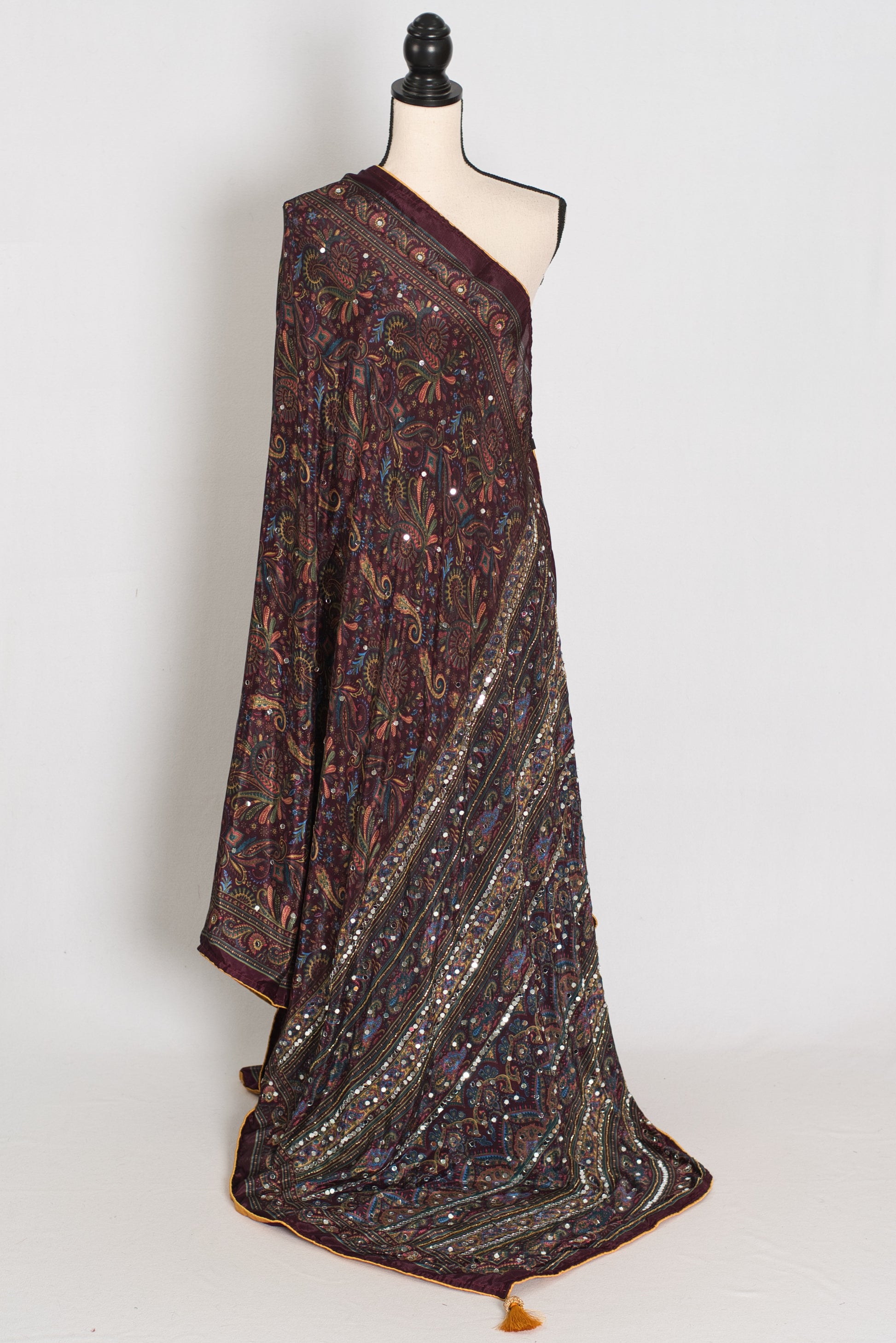 Nirja | Purple Kalamkari Printed Mirror Work Saree | Soft Semi Modal Silk image 3