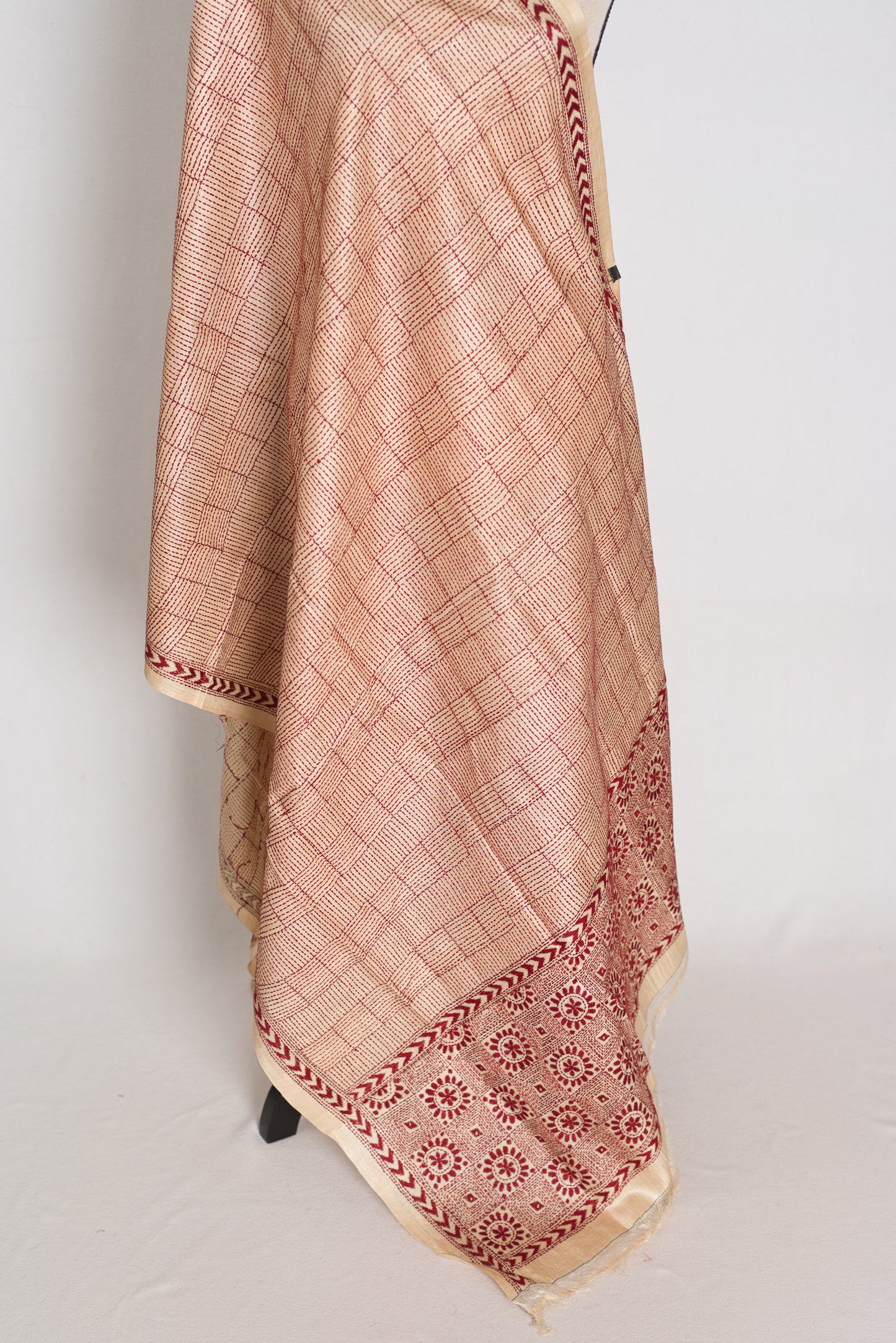 Bengal Kantha Stitch Deep Red Pure Tussar Silk Dupatta & Shawl - Rai image 2