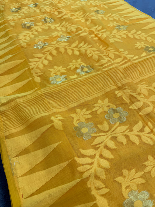 Jaya : Bright Yellow and Gold Blended Soft Cotton Jamdani Saree image 0