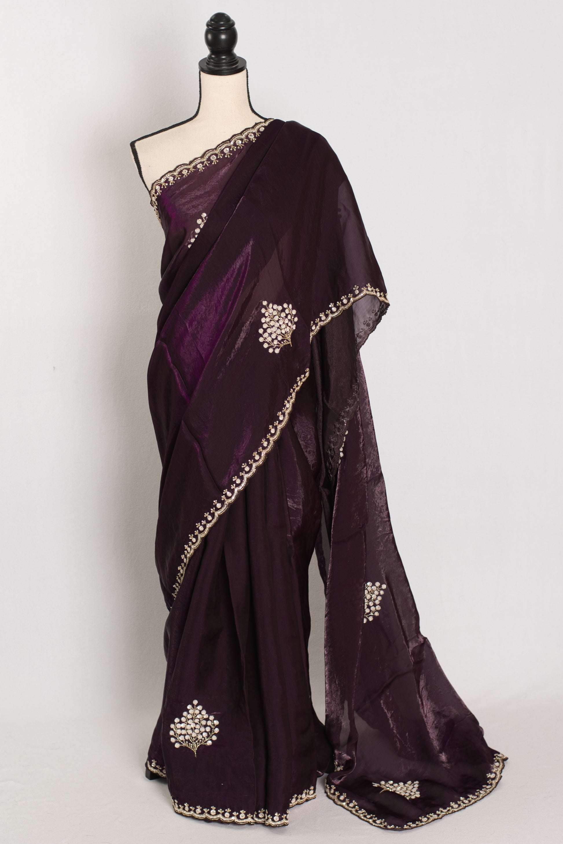 Rini: Deep Purple Glass Tissue Saree with Cut Dana Work | Partywear image 0