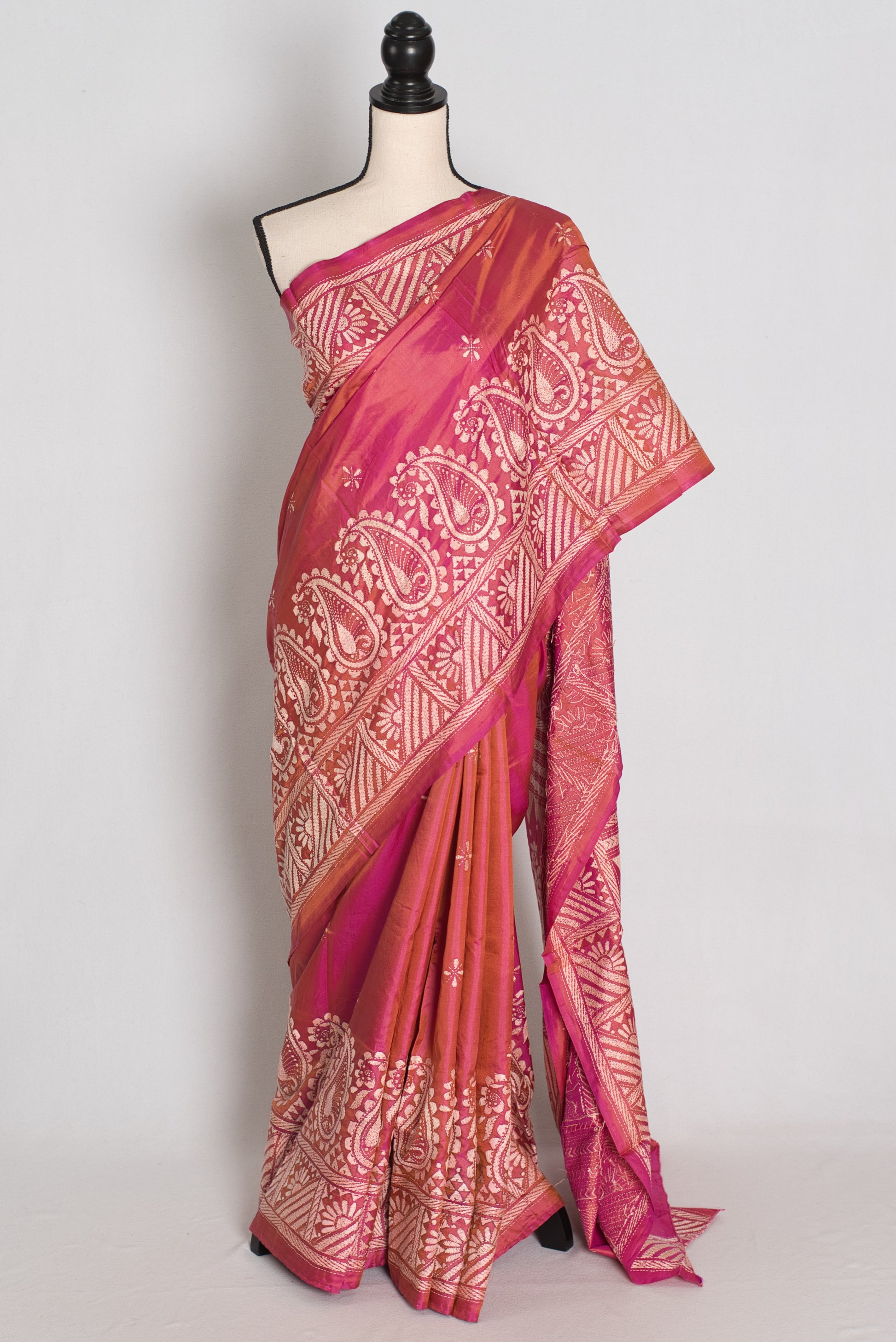 Mitra : Coral Pink Hand Embroidered Kantha Stitch Pure Bangalore Silk Saree image 0