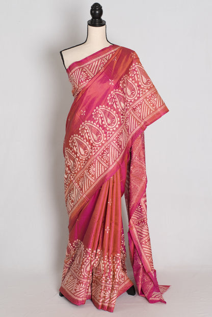 Mitra : Coral Pink Hand Embroidered Kantha Stitch Pure Bangalore Silk Saree image 0