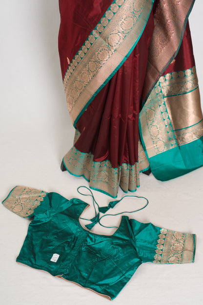 Kalpana | Brown Pure Katan Silk Banarasi Saree with 40 Size Stitched Blouse image 1