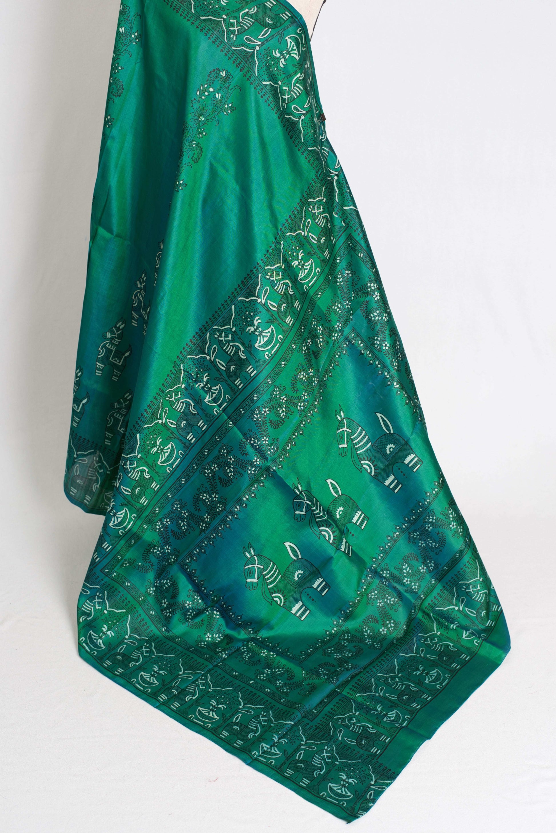 Bimala : Silk Mark Certified Green Bishnupur Katan Silk Printed Baluchari Saree image 3