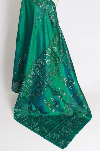 Bimala : Silk Mark Certified Green Bishnupur Katan Silk Printed Baluchari Saree image 3