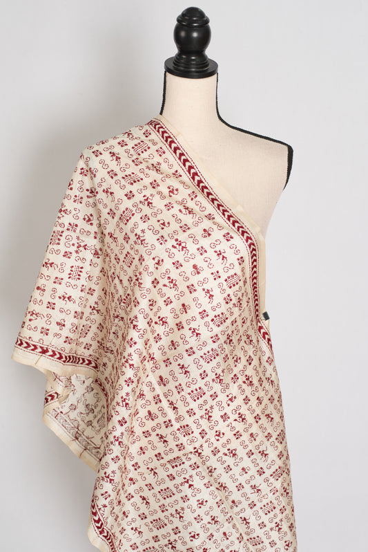 Ankhi : Tussar Silk Stole with Hand Embroidery Kantha Stitch – Beige and Maroon image 0