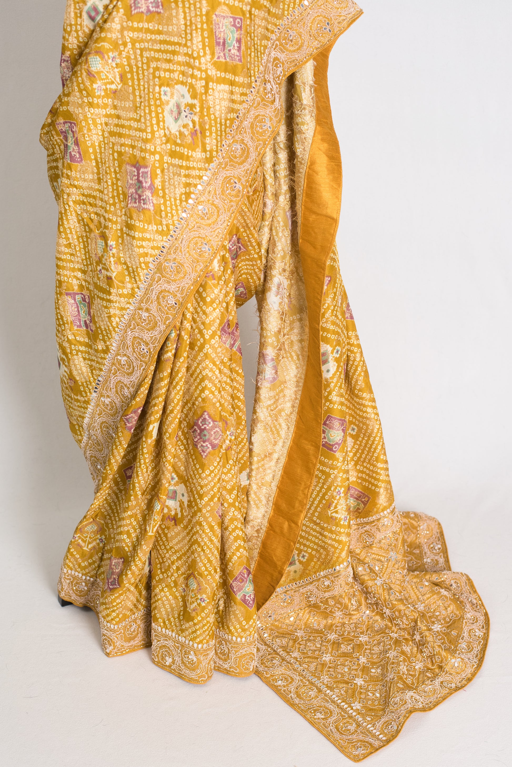 Hiya : Hand Embroidered Petai Zardosi Mirror Work Bandhani Saree in Yellow image 6