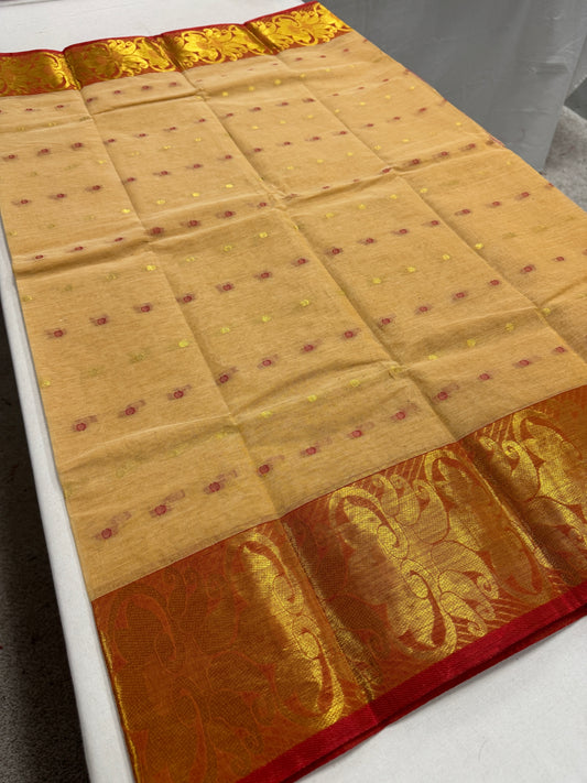 Beige and Red Tant saree — view