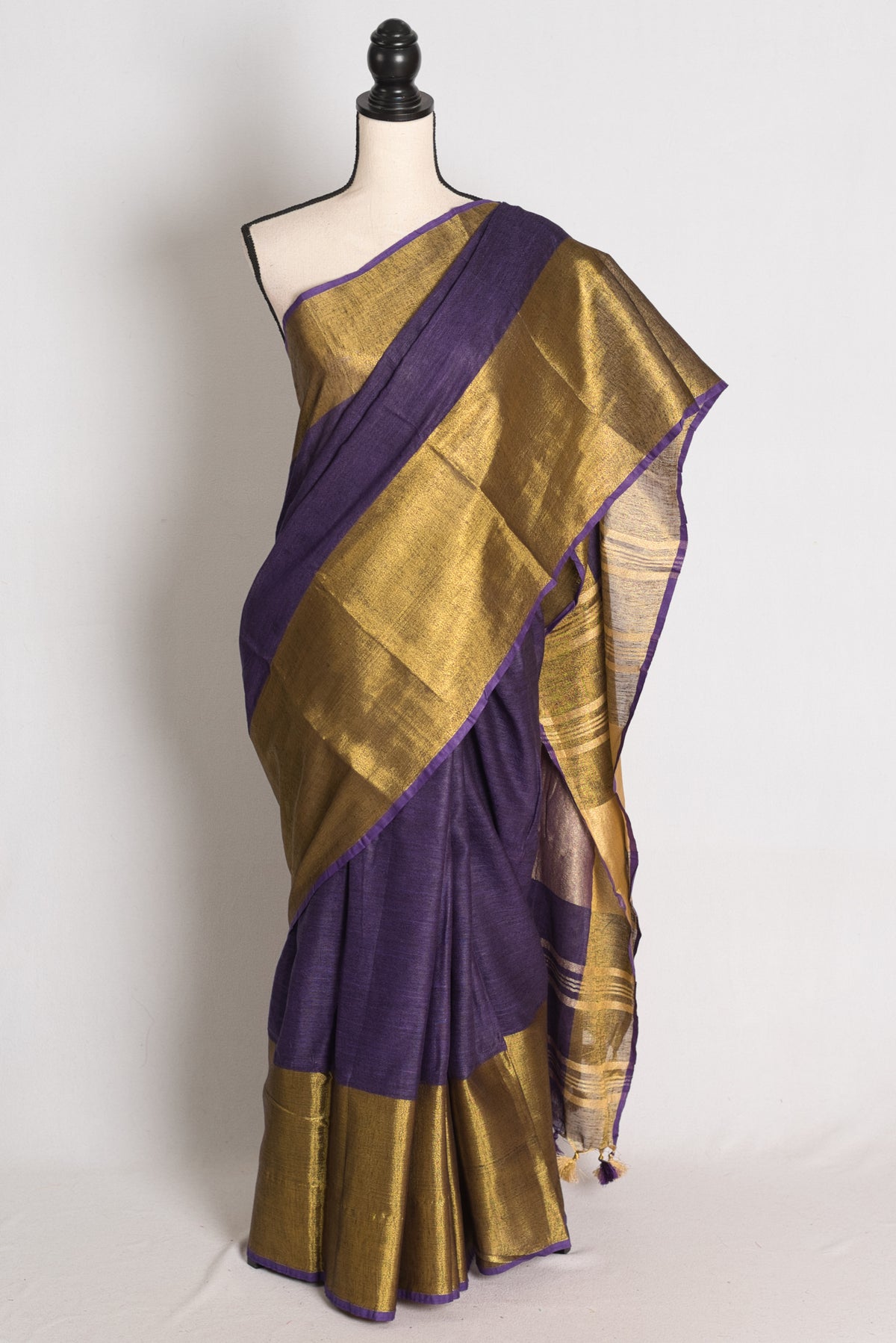 Sreya : Royal Purple Pure Linen Saree with Wide Antique Gold Zari Border image 0