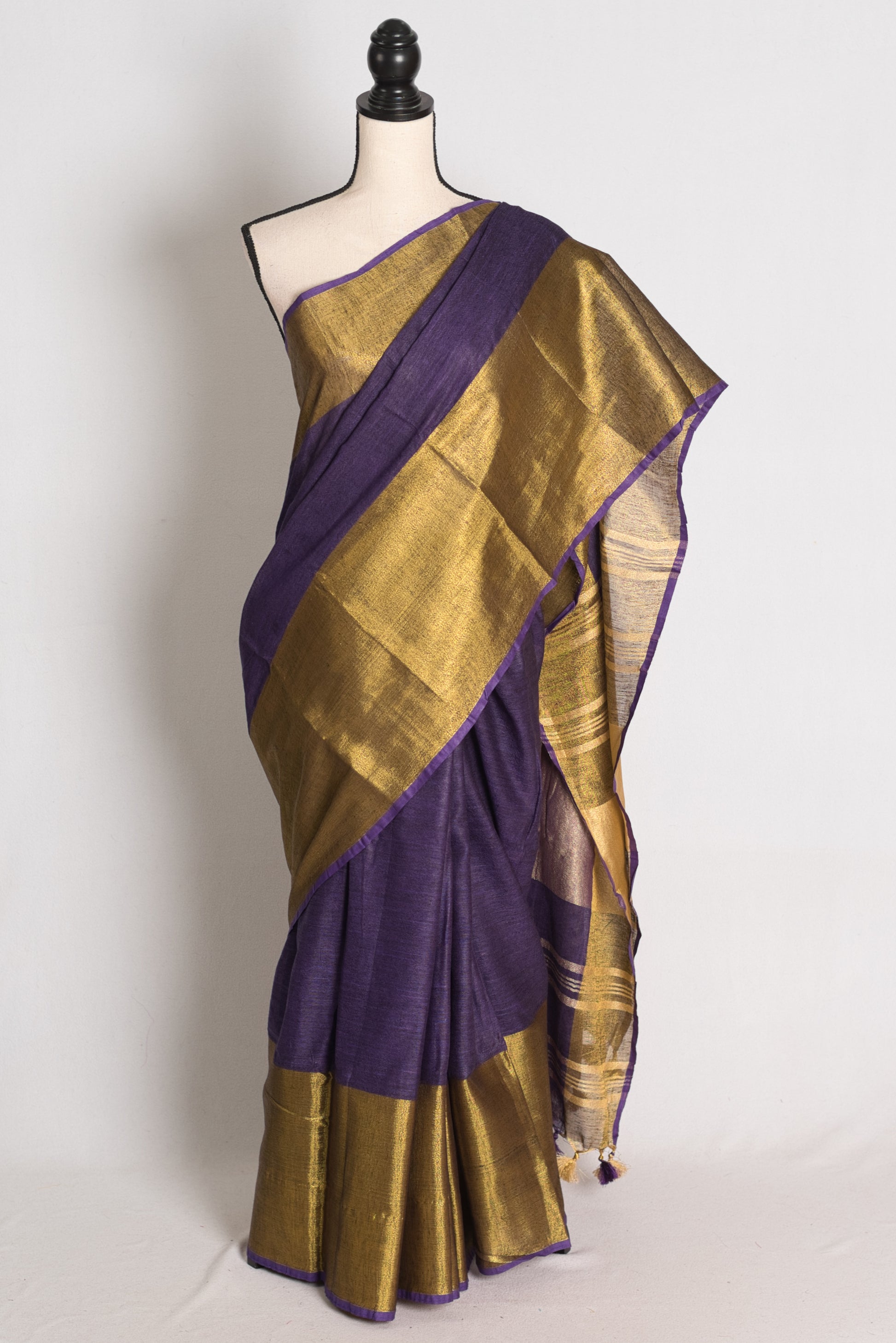Sreya : Royal Purple Pure Linen Saree with Wide Antique Gold Zari Border image 0