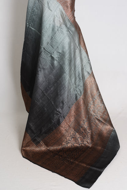Nadia :Grey & Black Ombre Raw Silk Valkalam Banarasi Saree | Silk Mark Certified image 3