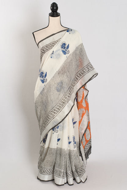Madhuri: White & Blue Hand Block Printed Saree | Soft Linen Cotton image 0
