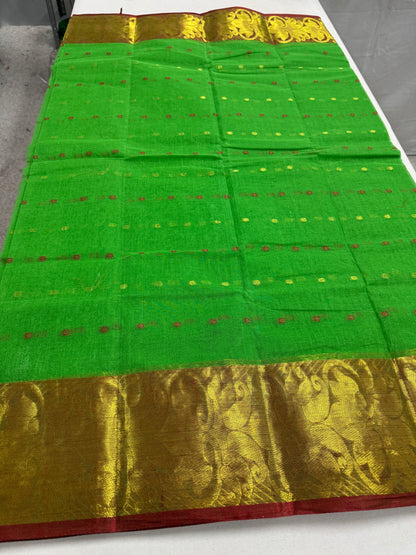 Parrot Green and Red Tant saree — view
