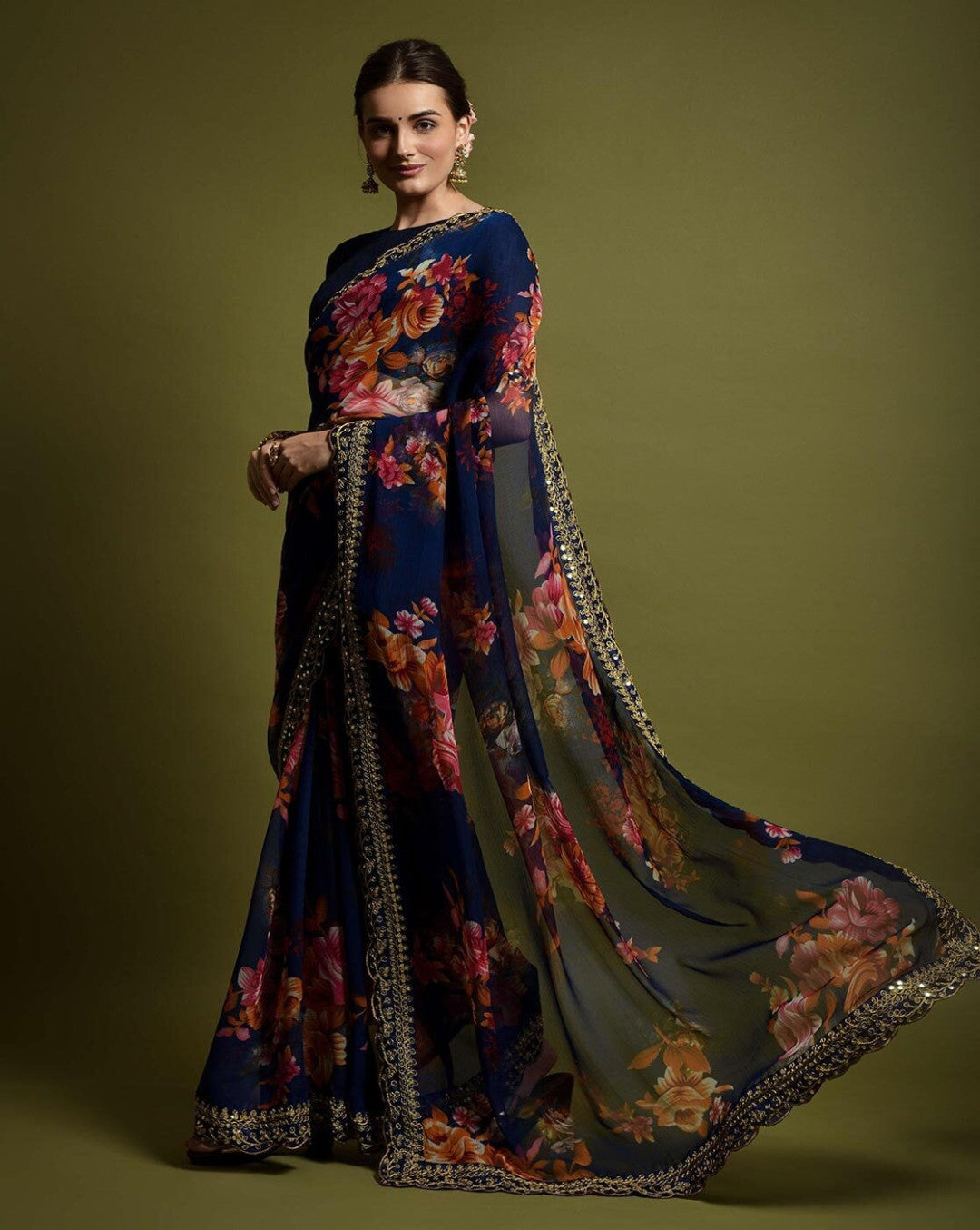 Designer Floral Georgette Partywear Saree in Dark Blue.