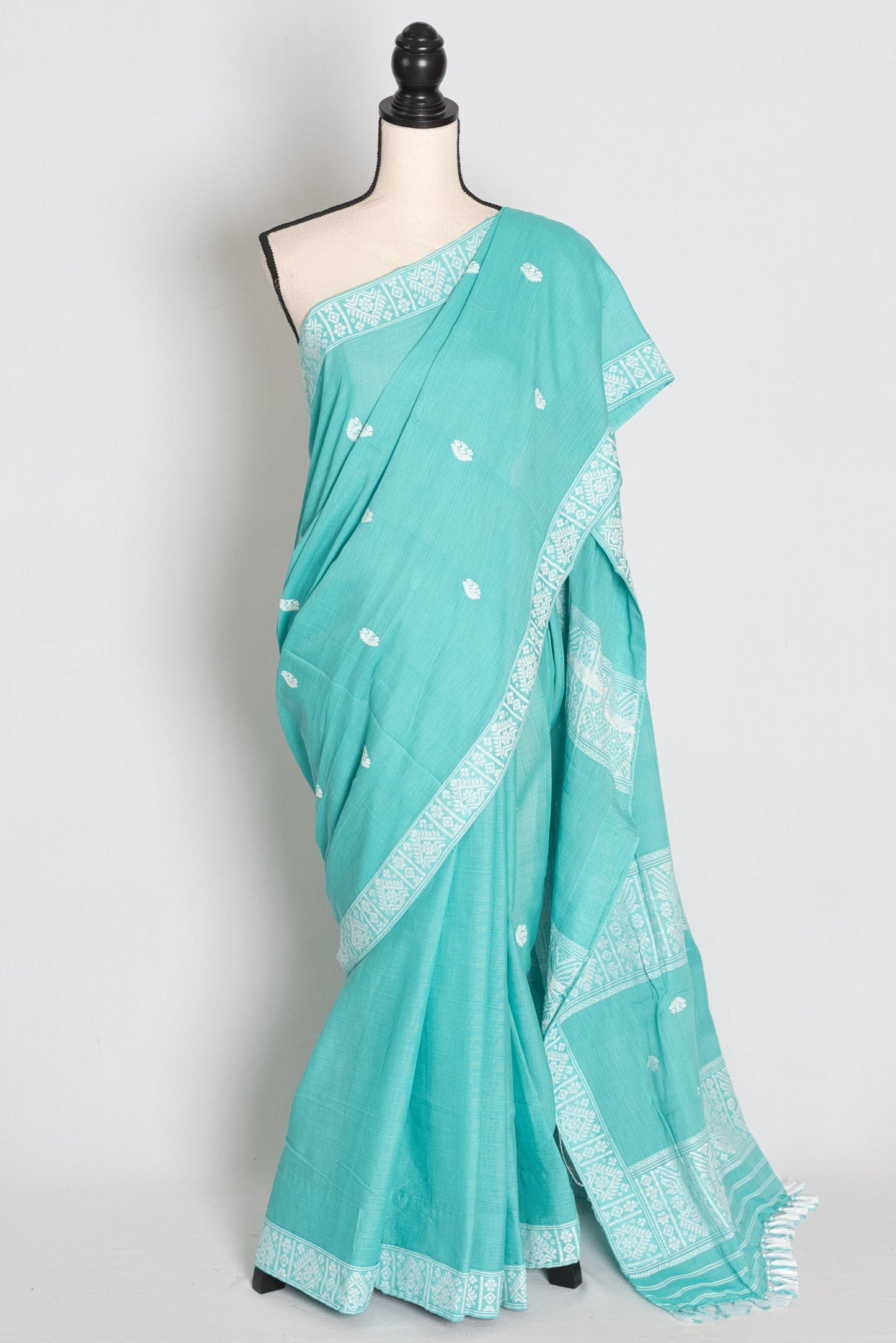 Ashmi : Sea Green & White Soft Pure Cotton Handloom Assamese Saree image 0