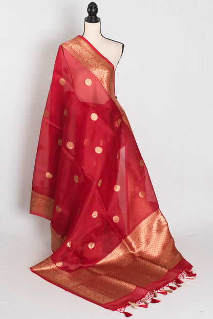 Ishq : Red and Gold Kora Organza Banarasi Saree with Stitched Blouse (Size 36) image 5