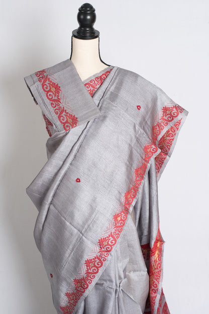 Meera : Bengal Tussar Silk Saree in Steel Gray and Red image 2