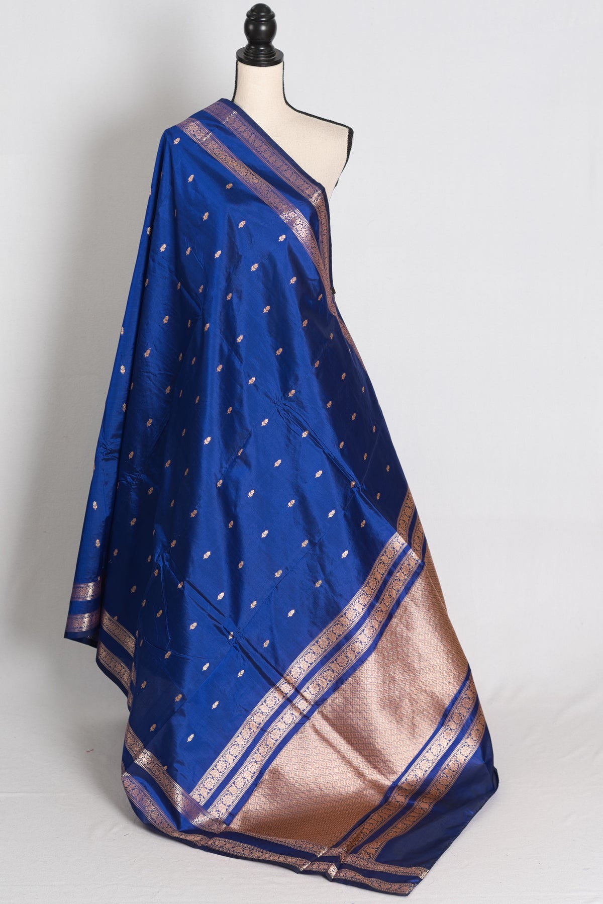Royal Dark Blue and Antique Gold Banarasi saree — front view