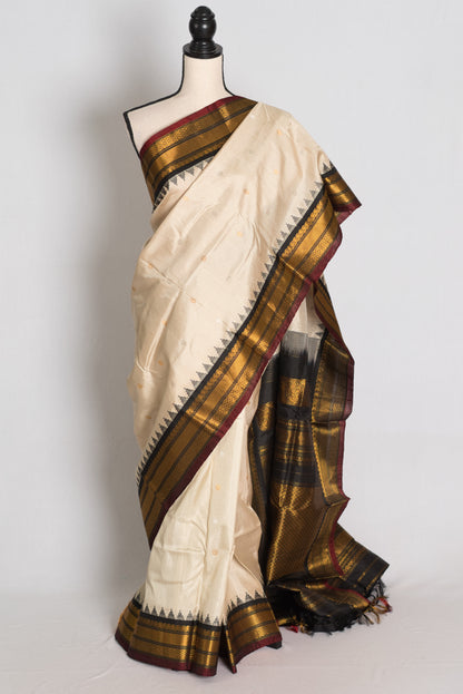 Rohini : Cream and Black Handwoven Pure Gadwal Silk Saree with Kanjivaram Style image 0