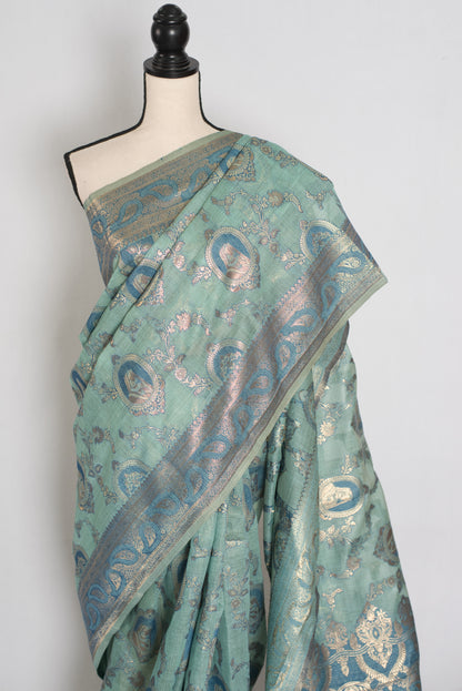 Mira | Pastel Blue Blended Cotton Saree | Traditional Baluchari Motifs image 5