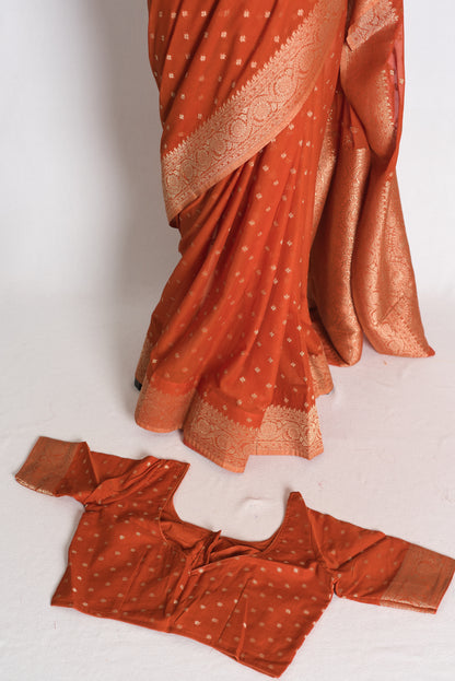 Mahi: Rust Brown Lightweight Semi Georgette Banarasi Saree with 38 Size Blouse image 2