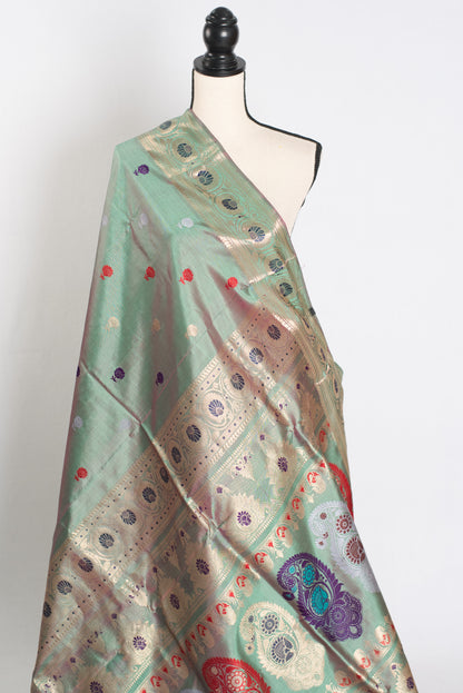 Aahiri : Heritage Revival Baluchari Silk Saree from Bengal  in English Green image 4