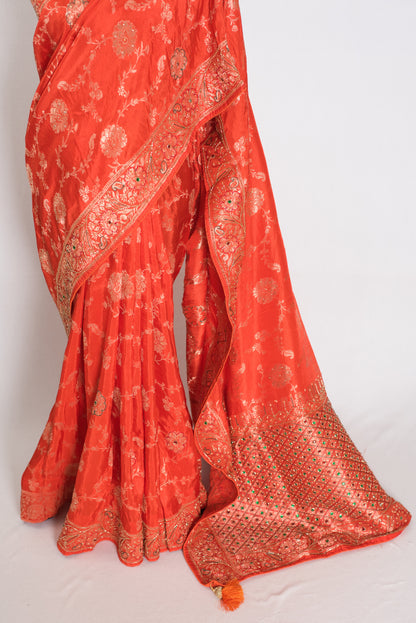 Mahi : Orange and Gold Dola Silk Banarasi Saree – with Hand Embroidery image 3