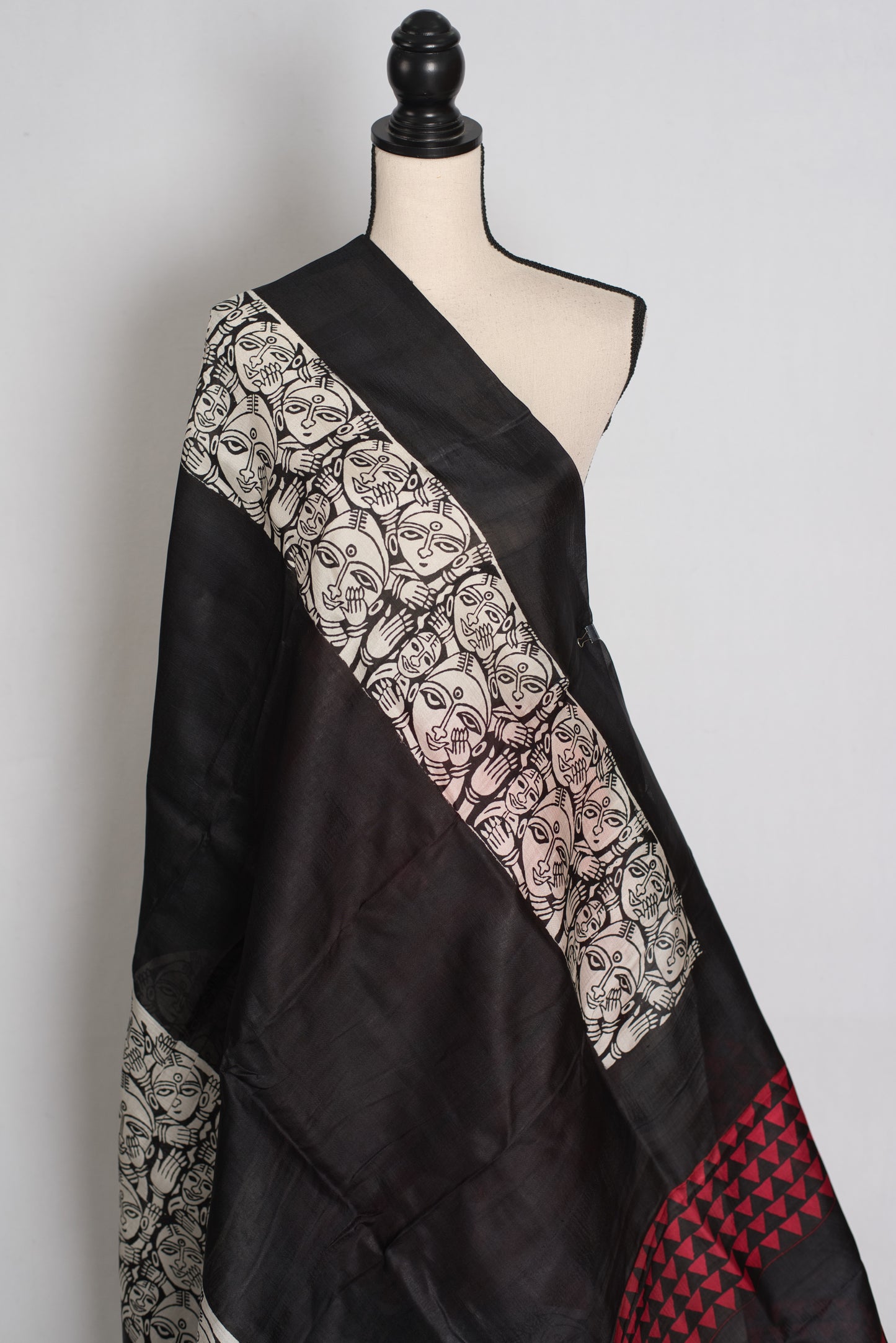 Swapna : Black and Red Half and Half Hand Block Printed Murshidabad Silk Saree image 4