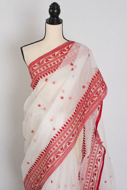 Noor : White and Red Semi Organza Embroidery Designer Saree image 5