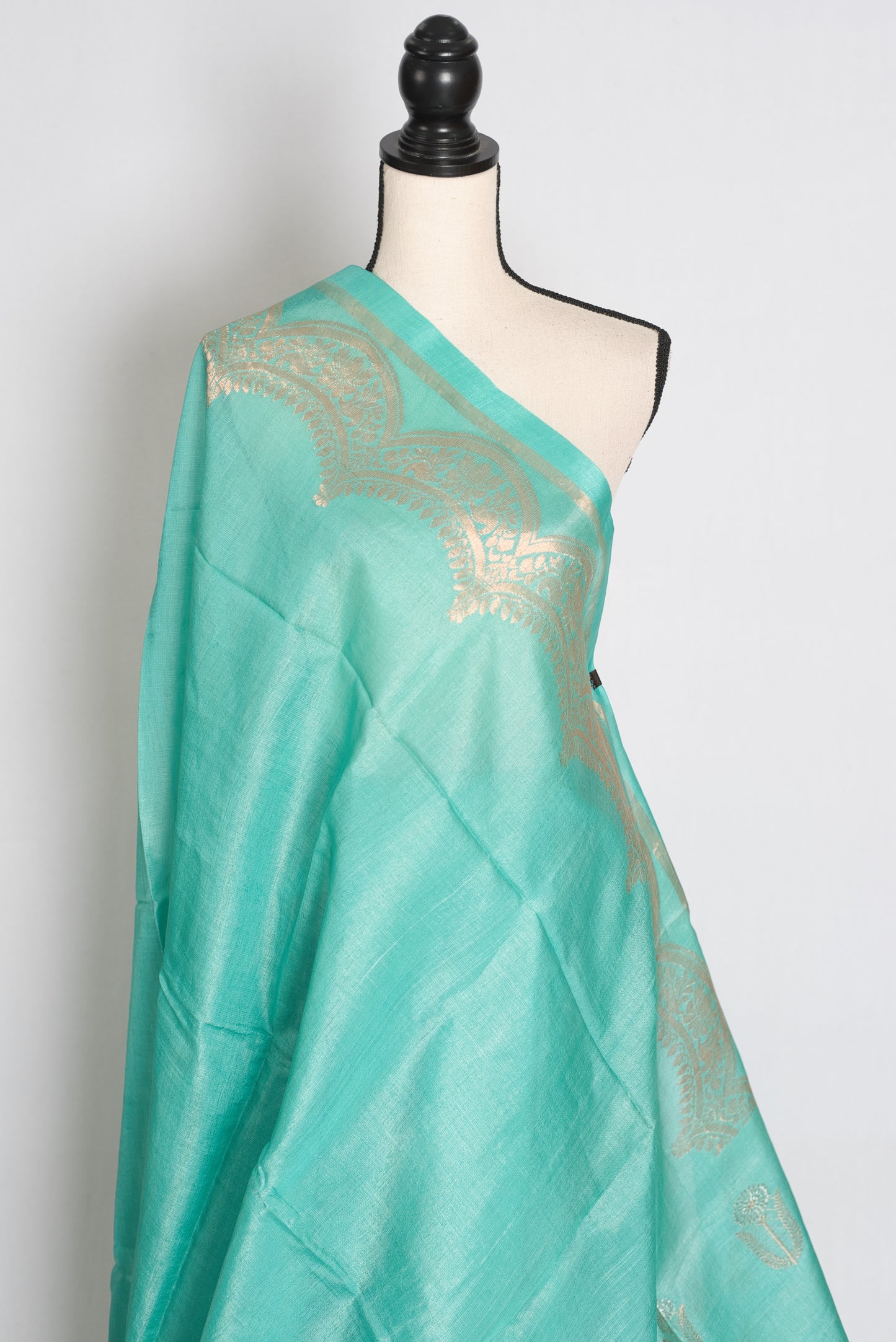 Mani : Sea Green & Gold Bengal Tussar Silk Saree with 36 Size Stitched Blouse image 5