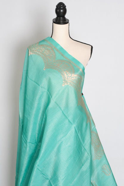 Mani : Sea Green & Gold Bengal Tussar Silk Saree with 36 Size Stitched Blouse image 5