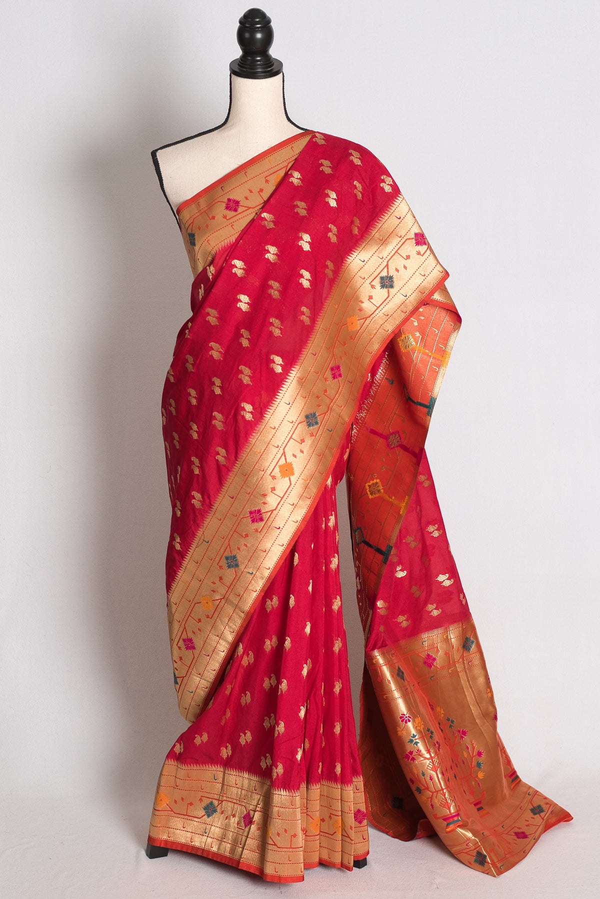 Mrinal: Rani Pink Paithani Inspired Semi Silk Saree with Orange Contrast Border image 0