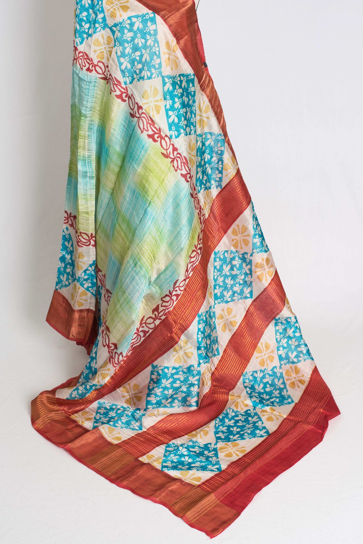 Sri : Hand Block Printed Matka by Tussar Silk Saree in Multi-Color Prints image 3