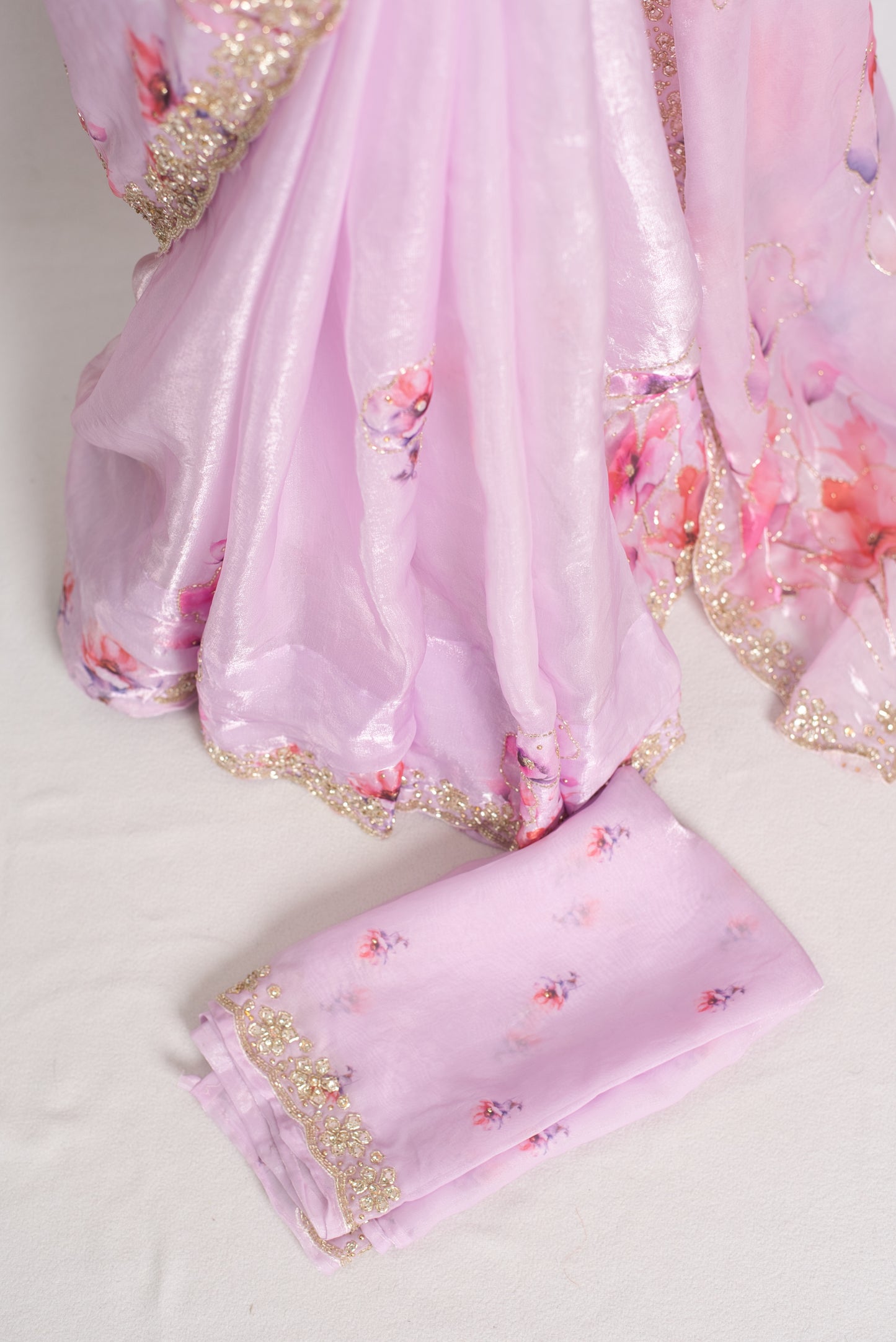 Ishq : Lavender Printed Glass Tissue Saree with Hand Embroidery Border image 2