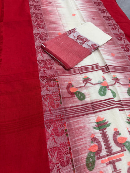 Devi : Off White and Red Soft Cotton Bengal Handloom Saree image 1