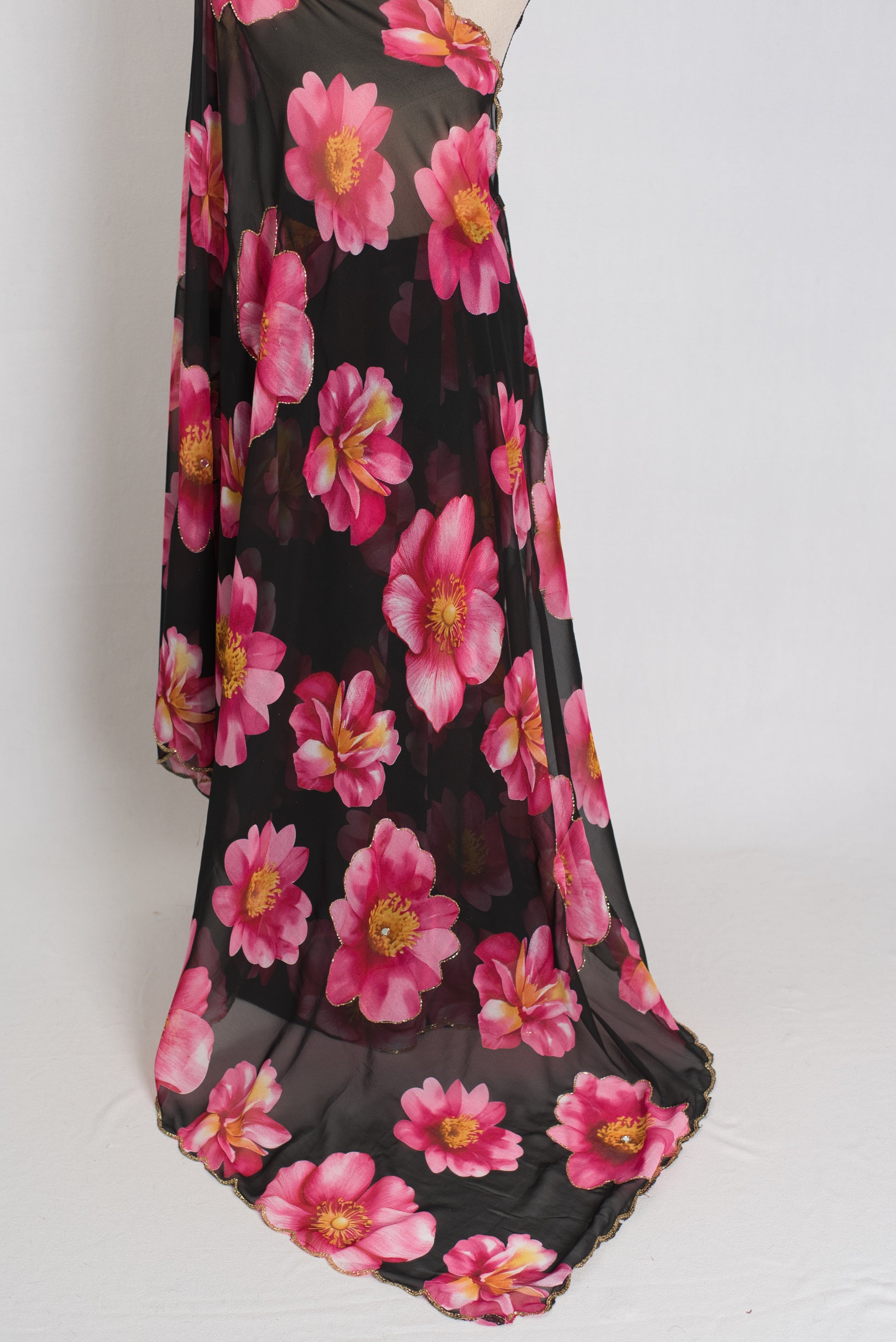 Eva : Black and Pink Floral Georgette Designer Embroidery Saree image 3