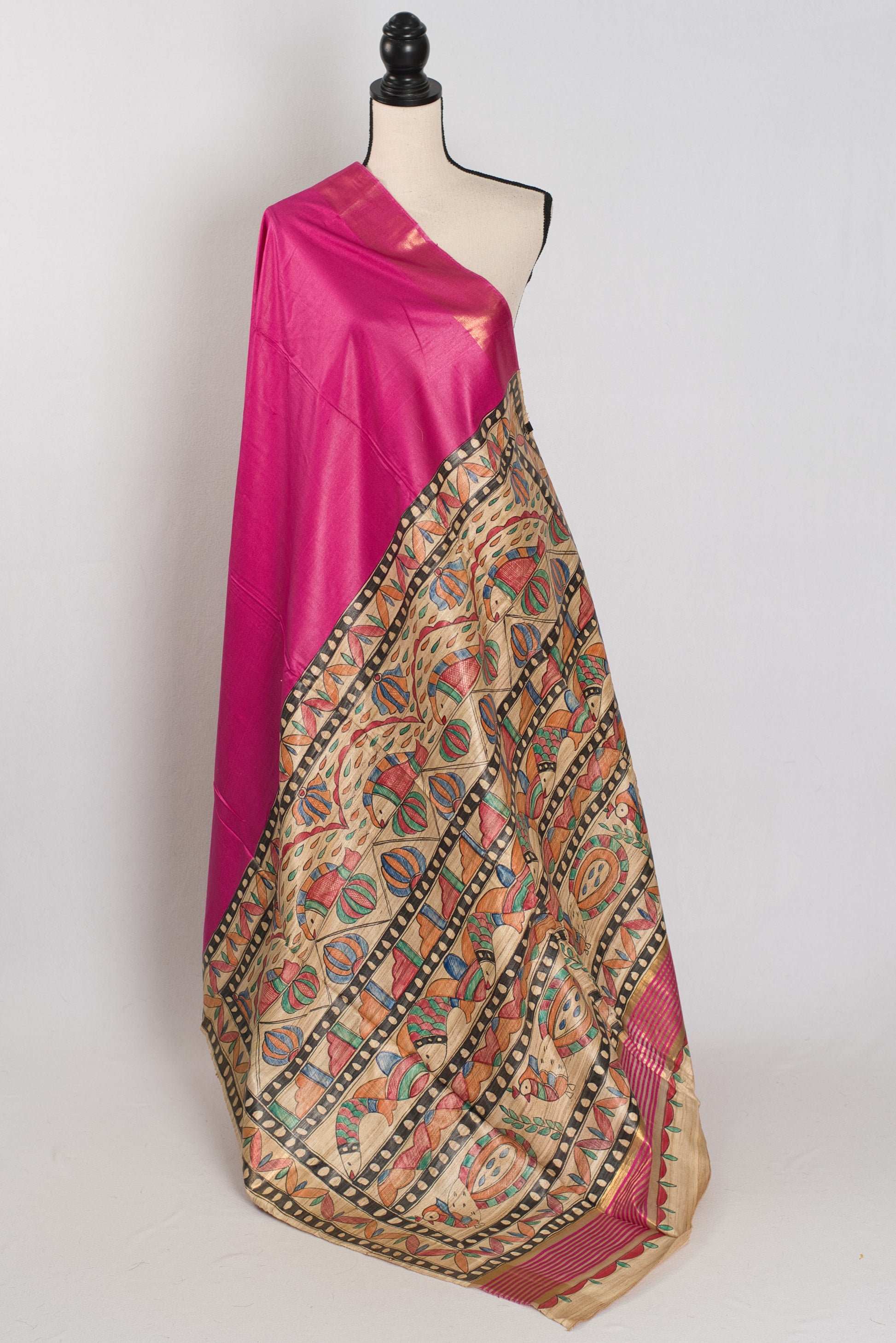 Tithi: Rani Pink Staple Tussar Saree | Hand-Painted Madhubani Pallu image 1