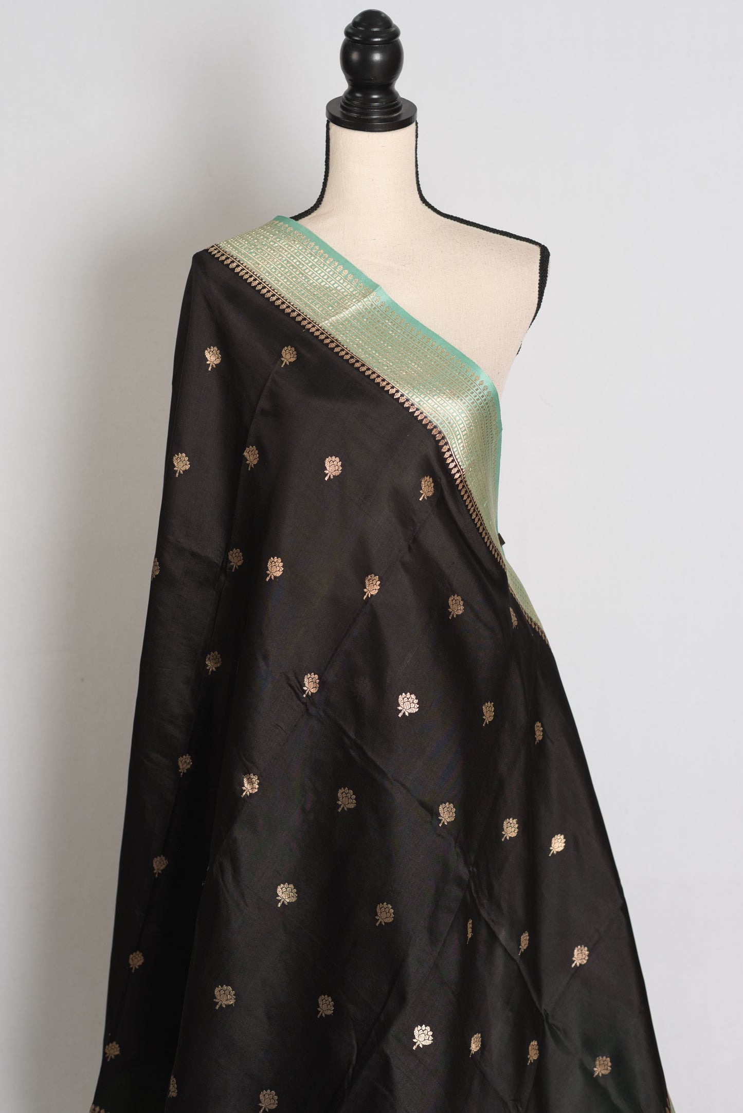 Jyothi : Jet Black & Pastel Sea Green Pure Satin Silk Banarasi Saree image 4