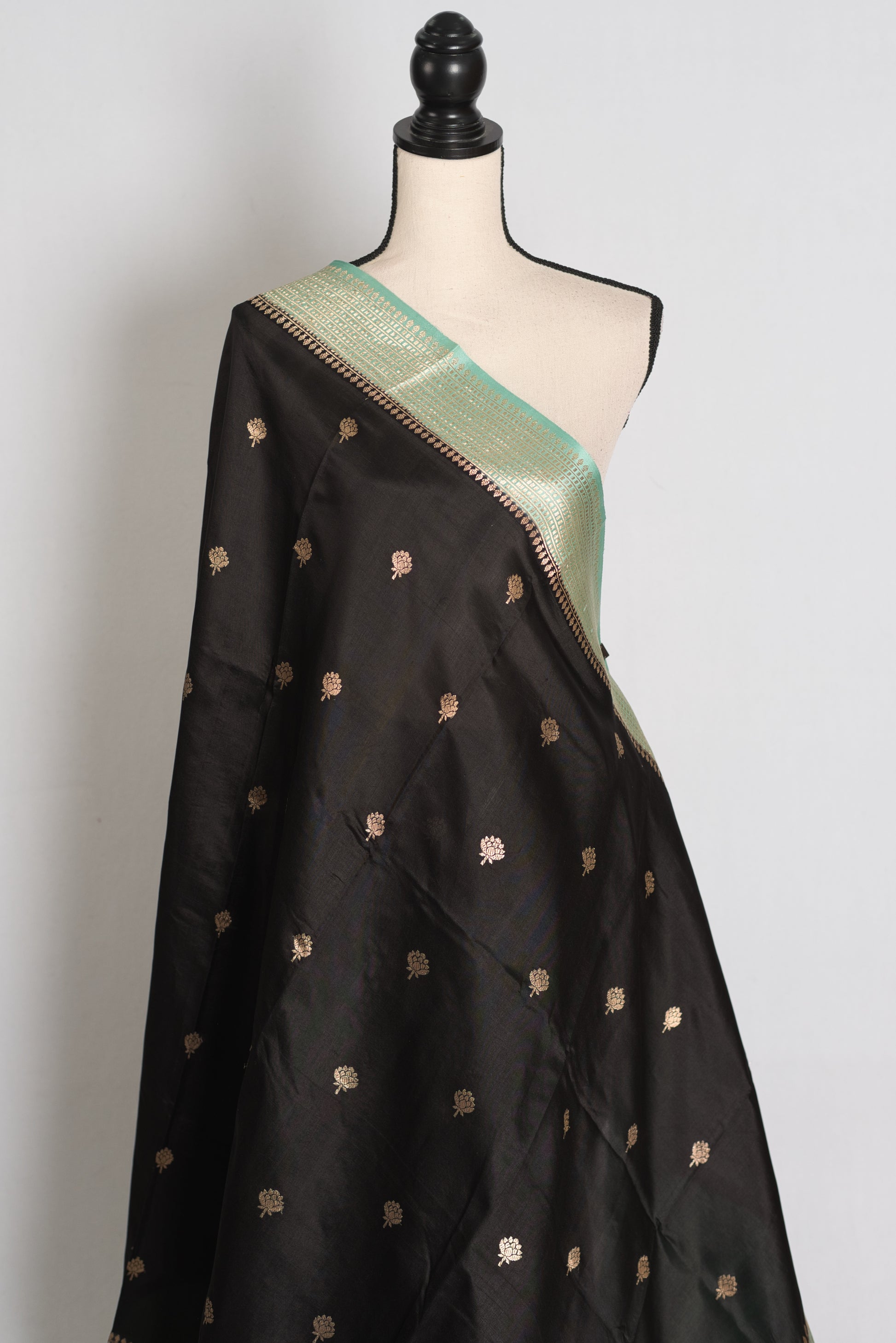Jyothi : Jet Black & Pastel Sea Green Pure Satin Silk Banarasi Saree image 4