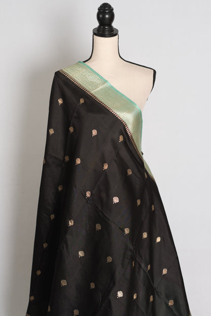Jyothi : Jet Black & Pastel Sea Green Pure Satin Silk Banarasi Saree image 4