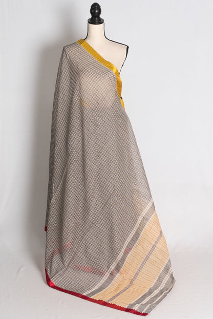 Kuhu: Grey Dhaniakhali Soft Cotton Saree with Ganga Jamuna Border image 1