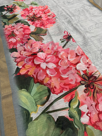 Ila | Grey & Vibrant Pink Floral Printed Semi Tussar Saree image 3
