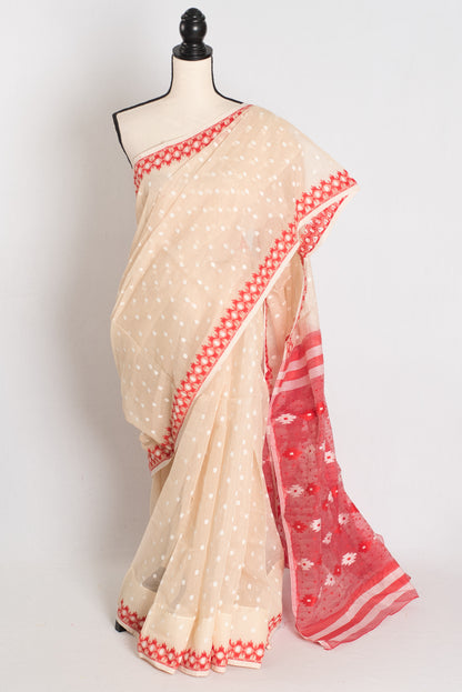 Ahiri : Beige and Red Blended Soft Cotton Jamdani Bengali Saree image 0