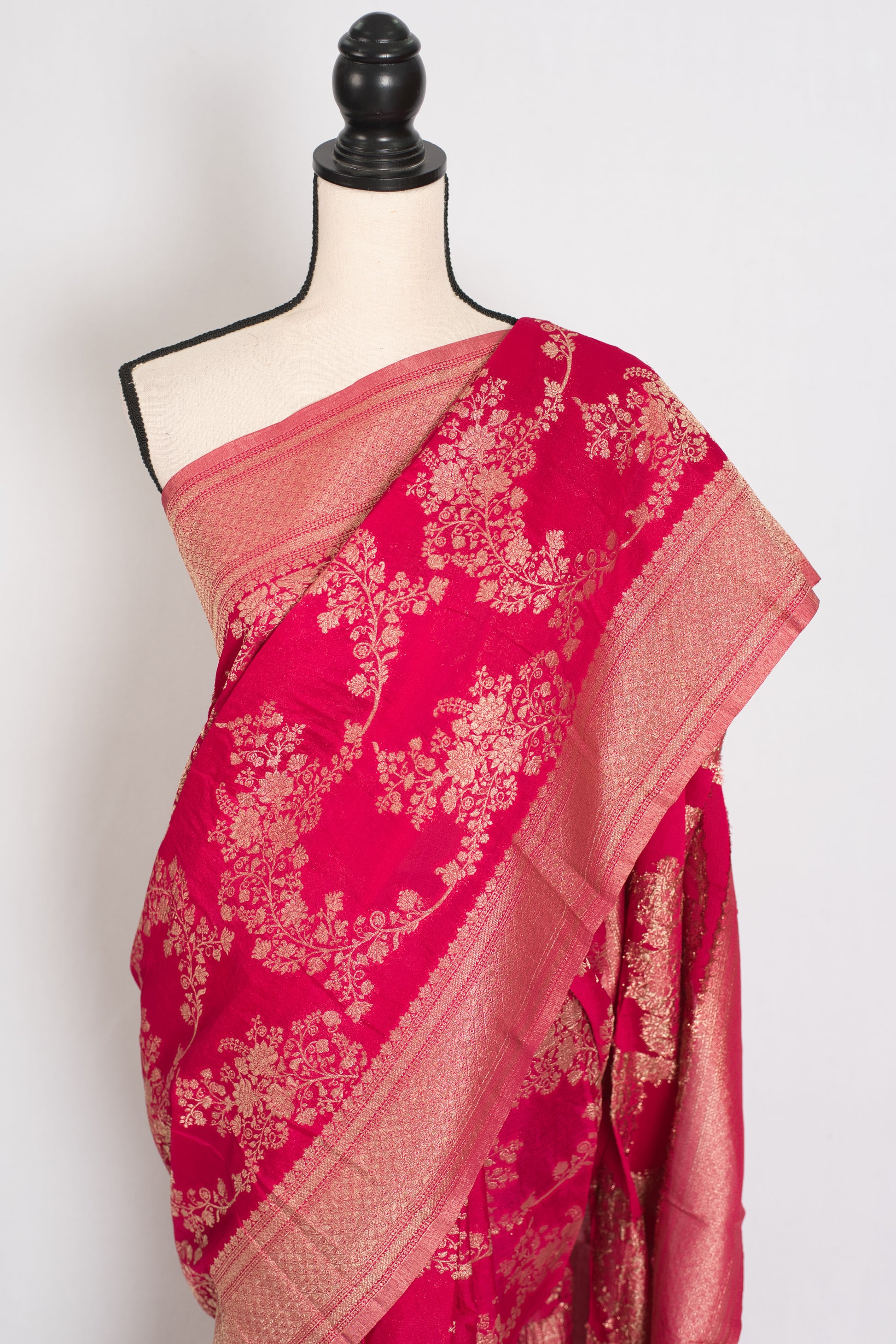 Siri: Rani Pink Semi Georgette Banarasi Saree with 42 Size Blouse image 6